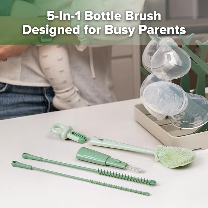 Haakaa 5-in-1 Cleaning Brush Set – Baby Bottle Brush & Bottle Brush Cleaner, Multi-Purpose 360° Comprehensive Cleaning for Breast Pumps, Breast Milk Collector, Baby Bottles, Nipples ,Straw – Portable