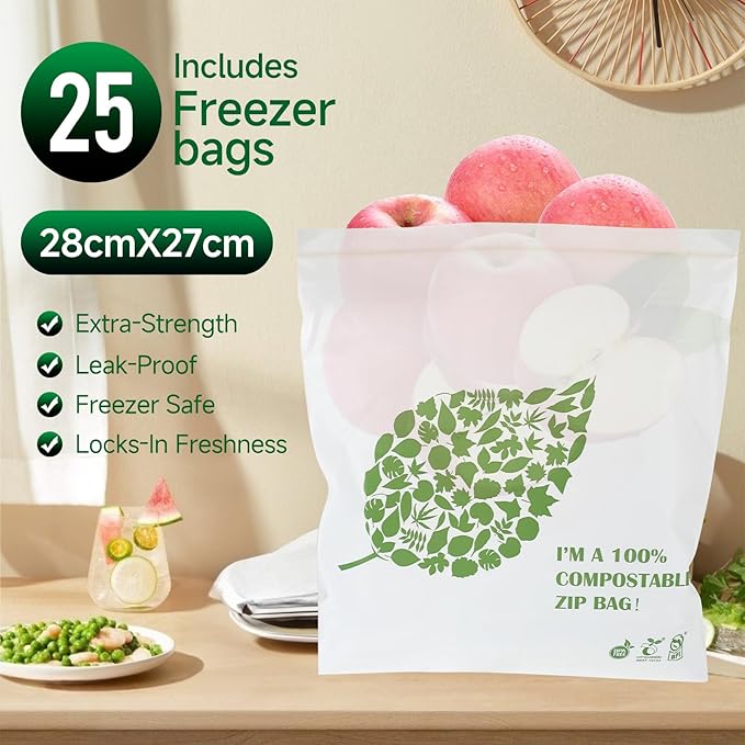 Compostable Gallon Size Food Storage Bags Freezer and Leak Proof, (25 Eco Zip) Seal well for Fruit,Food and Vegetable Plant-Based BPA-free (50)