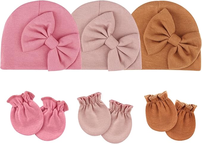 BQUBO Newborn Girls Hats Baby Hat and Mittens Set Infant Caps Bow Hospital Beanie with No Scratch Mittens for Baby Boys Girls