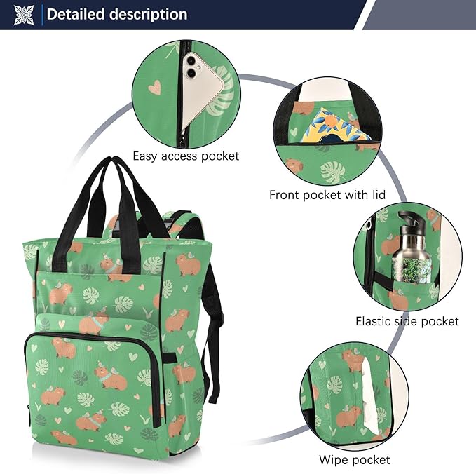 Emelivor Capybara Birds Green Diaper Bag Backpack Large Capacity Travel Baby Bags Backpack Diaper Bags for Boy Girl Mama Travel Mom Dad