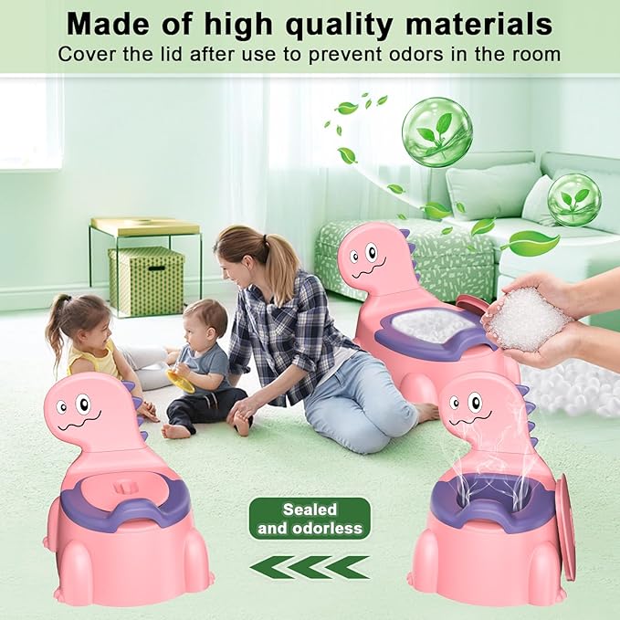 Potty Training Toilet, Toddler Potty Training Seat Baby Potty Chair, Dinosaur Toilet Potty Seat for Boys Girls Kids Toddlers, Portable Travel Potty with lid,Urinal, Splash Guard, Non-Slip Pad(Pink)