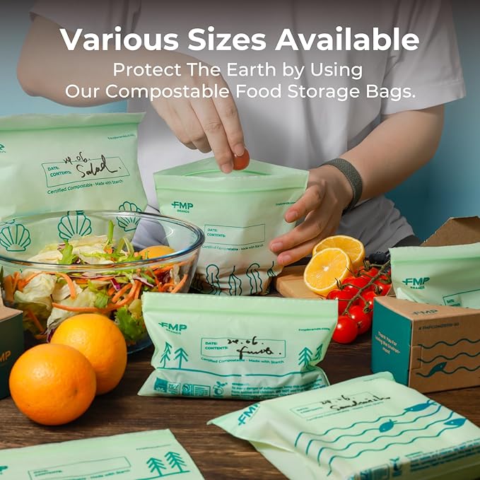 Fit Meal Prep 50 Pack 100% Compostable Food Storage Bags, 7 x 8" Resealable Freezer Bags Quart Size for Meat, Fruits, Plant-Based Sandwich Bag, ASTM D6400, US BPI & EU OK Compost Certified