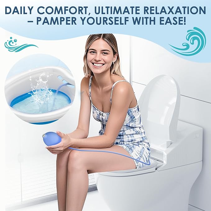 Soothic Sitz Bath for Toilet Seat, Sitz Bath for Hemorrhoids, Sitz Baths for Postpartum Care, Upgraded Collapsible Sitz Baths with Flusher, Drain Holes, Wider Seating Area, Deeper Bowl