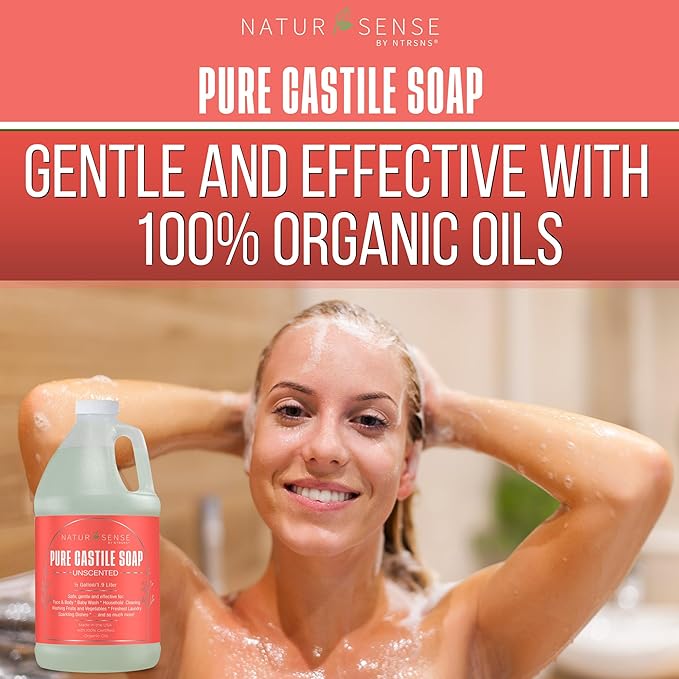 NTRSNS NaturSense Pure Castile Soap. Unscented, Made with 100% Certified Organic Oils, Gentle Personal & Baby Wash, Safe & Effective Household Cleaning - 1 Gallon total w/pump, 64oz x 2 Bottles