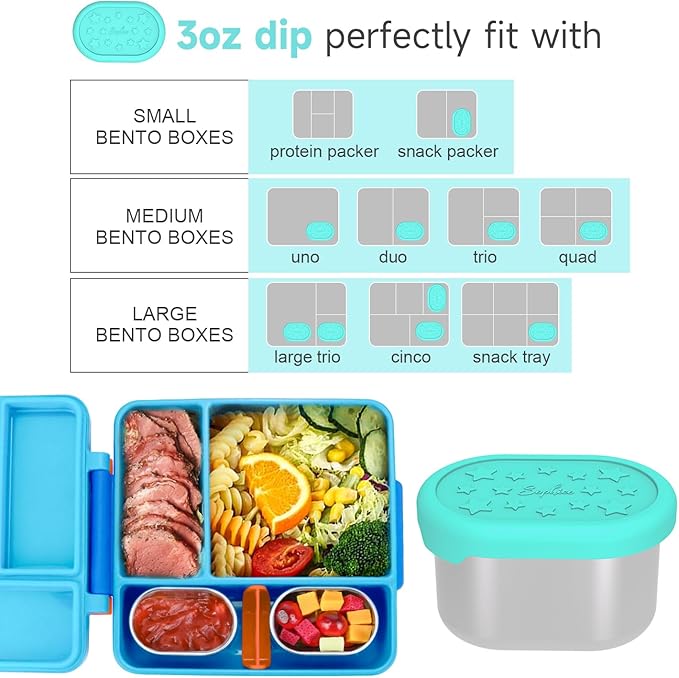 SOPHICO Stainless Steel Salad Dressing Condiment Containers with Leakproof Silicone Lids, 3 oz Mini Sauce Container and Portion Bento Box of Kids Lunch to Go for Snack, Dessert (MIX, 4 PACK)