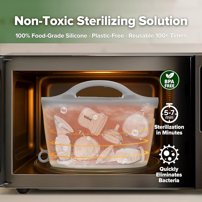 Haakaa Silicone Microwave Steamer & Steriliser Bag, 70oz/2000ml Large Capacity Reusable Steaming Bags for Baby Bottles, Breast Pump, Accessories, Pacifiers,Teethers, Great for Home&On The Go, Grey/1PC