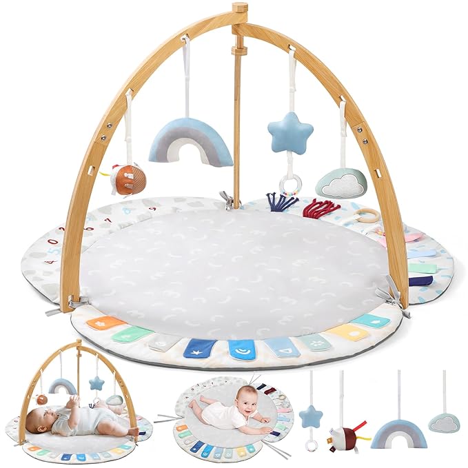 EXIN DECHEN Baby Play Gym & Activity Mat,Natural Organic Bamboo Frame with 4 Detachable Sensory Toys,Tummy Time Mat,Play Mat for Babies 0-6 Months,Newborn Play Mat,Baby Essentials Gifts