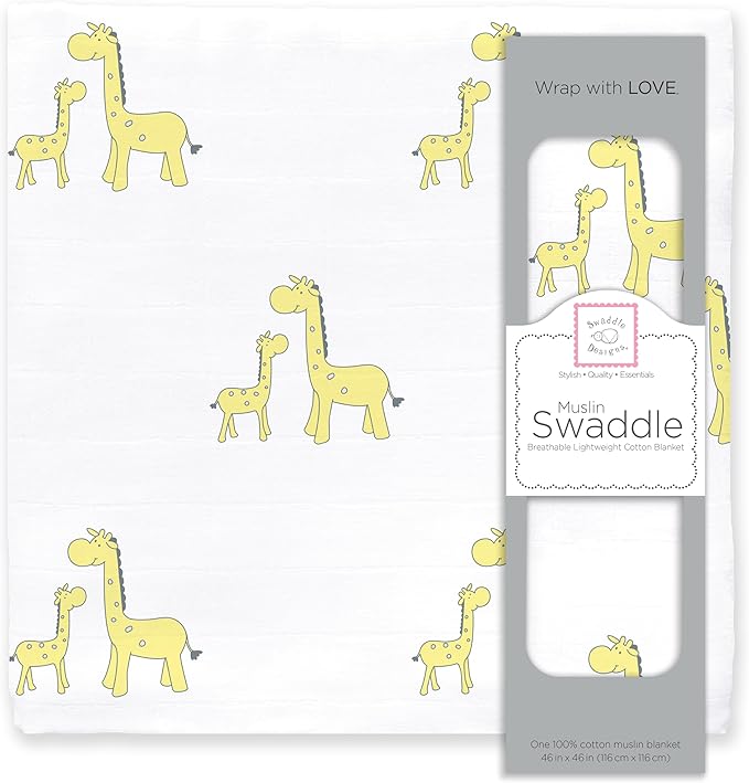 SwaddleDesigns Cotton Muslin Swaddle Blanket, Receiving Blanket for Baby Boys & Girls, Best Registry Gift, 46x46 inches, Little Giraffes, Yellow
