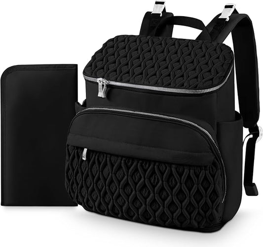 Baby Diaper Bag Backpack, Expandable Baby Bag for Girl Boy, Travel Diaper Backpack with Insulated Pocket, Changing Pad, Quilted Diaper Bag for Mom Dad, Newborn Baby Essentials Must Have Black