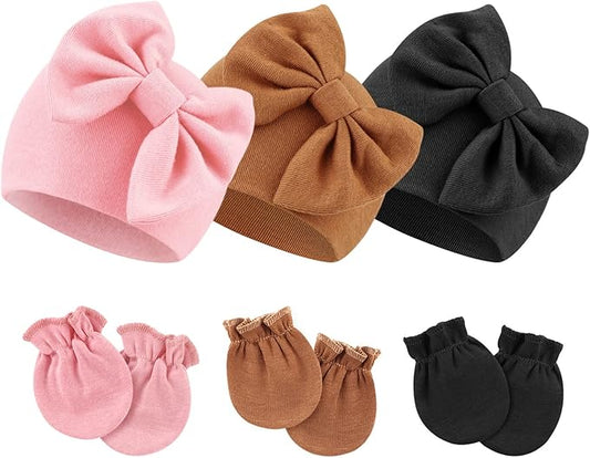 BQUBO Newborn Girls Hats Baby Hat and Mittens Set Infant Caps Bow Hospital Beanie with No Scratch Mittens for Baby Boys Girls