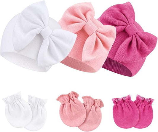 BQUBO Newborn Girls Hats Baby Hat and Mittens Set Infant Caps Bow Hospital Beanie with No Scratch Mittens for Baby Boys Girls