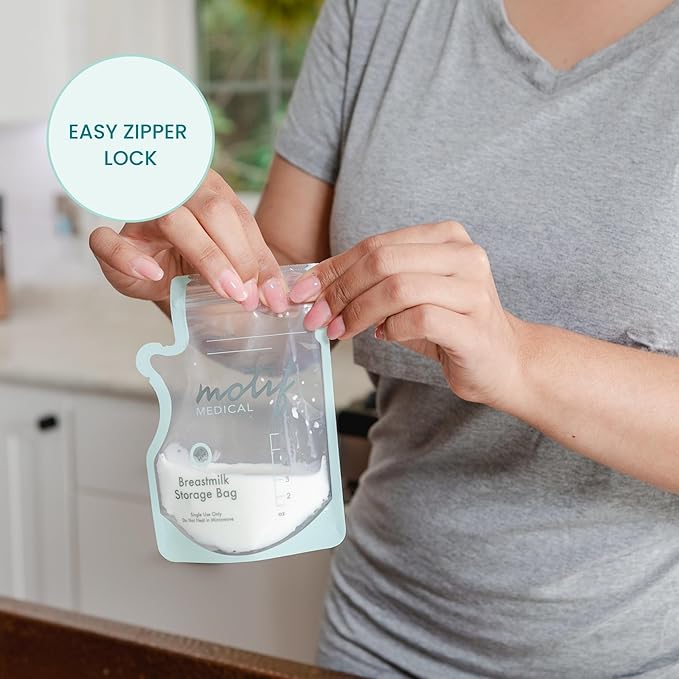 Motif Medical Breastmilk Storage Bags - Breastmilk Freezer Bags w/Easy Pour Spout, Write-On Label - Leak-Proof Double Zipper Milk Bags for Breastmilk - Breastfeeding Mom Gifts (6 Oz, 40 Count)