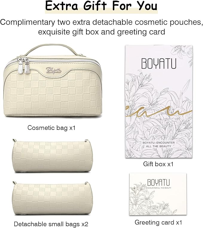 BOYATU Travel Makeup Bag Organizer Cosmetic Bag: 3 Pcs Set Make up Bags for Women with Handle - Waterproof Vegan Leather Toiletry Bags Travel Essentials Pouch with Compartments (G-16-Beige)