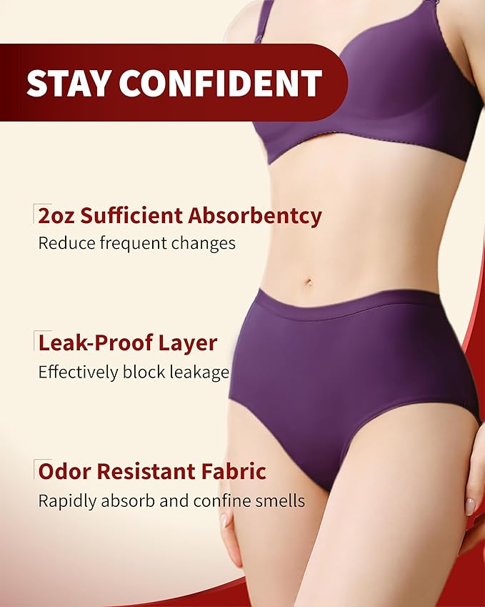 Incontinence Underwear for Women Washable, 2 oz Maximum Abosrbency Panties for Bladder Leak Proof Protection 2 Pack (Berry, L)