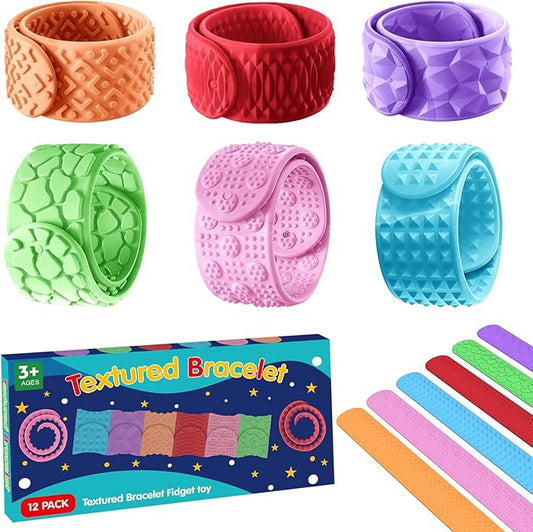 Sensory Fidget Toys Slap Bracelets: 12PC Textured Silicone Sensory Toys for Autism, Fidgets for Kids, Teens & Adults, Anxiety & Stress Relief - Ideal for Classroom Rewards, Party & Special Needs Gifts