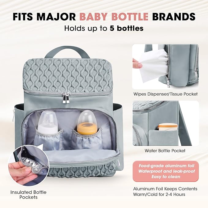 Baby Diaper Bag, Multi-Function Baby Bag for Mom Dad, Diaper Backpack with Changing Pad Stylish Pañaleras para Bebe Stroller Straps, Newborn Baby Essentials Must Haves for Women Grey Green