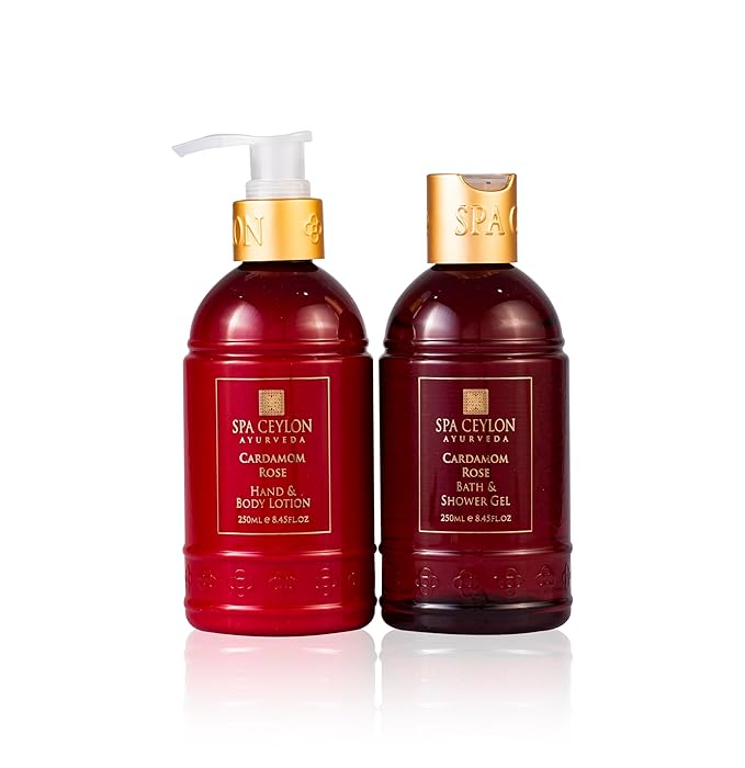 Spa Ceylon Cardamom Rose Bath and Body Duo Set Luxury Gentle Body Wash and Lotion Set with Organic Natural Ingredients | Aromatherapy Bath Set | 250ml x 2