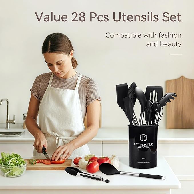 28 Pcs Silicone Cooking Utensils Set with Holder, Spatula Set, Silicone Whisk, Scissors, Measuring Cups and Spoons Set with Stainless Steel Handle Kitchen Gadgets (Black)
