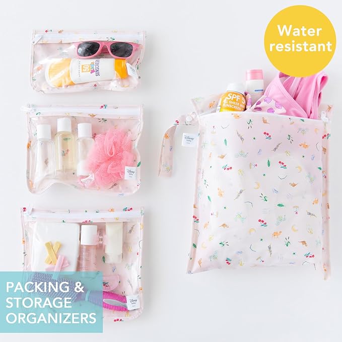 Bumkins - Waterproof Wet Bag & Clear Travel Bags - For Beach, Baby, Travel, Swim Suit, Cloth Diapers, Pump Parts, Pool, Gym, Toiletries - Reusable & Easy to Clean - Disney Princess Pink - 4 Pack