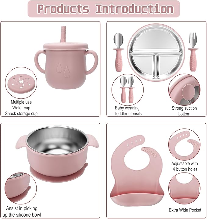 Stainless Steel Kids Plates and Bowls Set with Suction, Divided Baby Plate and Toddler Bowl with Removable Silicone Suction,Stainless Steel Weaning Bundle, Silicone Baby Feeding Set (Pink)