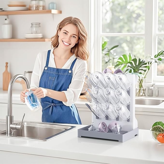Baby Bottle Drying Rack: Vertical Space Saving Large Bottles Holder - Standing Boon Dryer Rack Baby Accessory - Countertop Holds Up to 12 Bottles & Pump Part Cleaning & Cup (Blue) (Gray)
