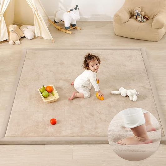 1.3" Thick Baby Play Mat for Floor, 39x59 Foam Tummy Time Mat, Padded Support Soft Plush Nursery Rug for Infant Kids Toddler Crawling Kick Activity (Beige)