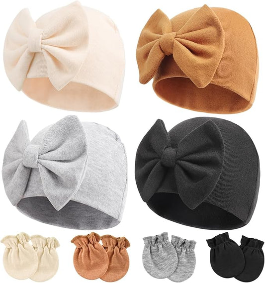 Newborn Baby Hats and Mittens Set Infant Bow Beanie Cap Toddler Gloves Newborn Hospital Hats for Baby Boy Girl 0-6 Months