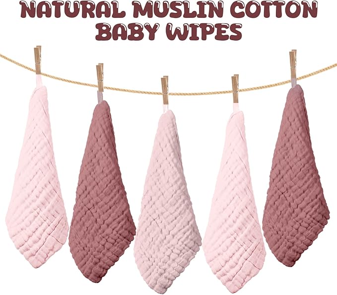 Breling 20 Pcs Baby Muslin Washcloth 12 x 12 Inch 100% Cotton Soft and Absorbent Muslin Washcloth Burp Cloth Wipe Newborn Face Towel for Baby Boy Girl Sensitive Skin(Pink, Bean Paste, Dark Pink)