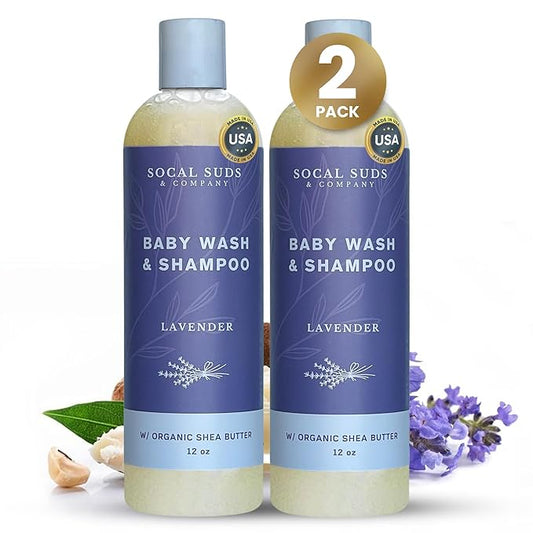SoCal Suds & Company Baby Body Wash & Shampoo with Shea Moisture for Sensitive Skin, Bath & Hair Products for Toddlers & Babies, Natural Soap - 2 Pack Lavender 12oz Bottles