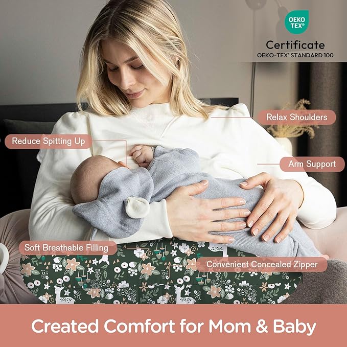 Little Grape Land Nursing Pillow for Infants, Breastfeeding Pillows, Baby Support Pillow for Nursing, Bottle Feeding, Tummy Time with Machine Washable Cover & Breathable Filling (Forest Deer)