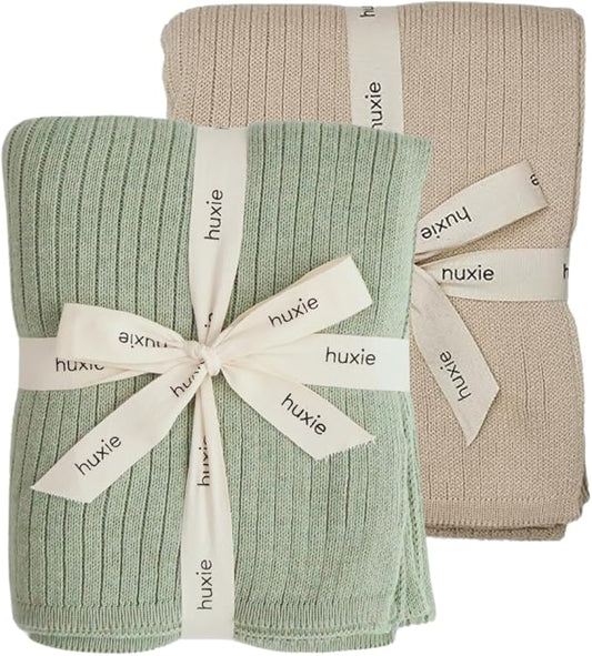 Knitted Organic Cotton Baby Blanket- Swaddle Blanket, 30" x 40" Soft Receiving Blanket for Newborn (Fog/Roman Green)
