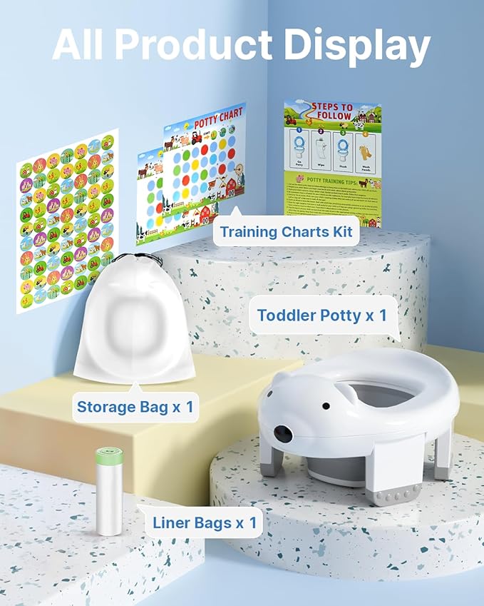 2 In 1 Portable Potty Seat, Travel Potty Seat for Toddlers with Safety Locks, Complete with Training Charts, Storage Bag and Liner Bags, 12 Months+(1 Pack)
