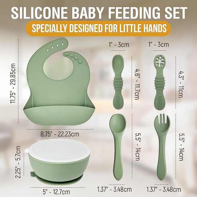6 Piece Baby Bowls With Suction and Lids | Toddler Bowl Set with 1 Bowl, 1 Bib, 2 Baby Spoons, 1 Large Spoon, 1 Large Fork, Baby Feeding Essentials (1, Cream)