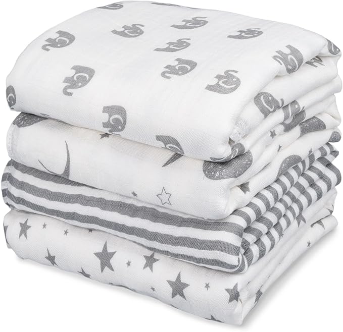 GLLQUEN BABY Muslin Swaddle Blankets 4-Pack Breathable Receiving Blankets (35" x 40") Soft Baby Blankets for Girls and Boys Newborn Essentials Muslin Burp Cloths Swaddle Wrap Baby Gift (Elephant)