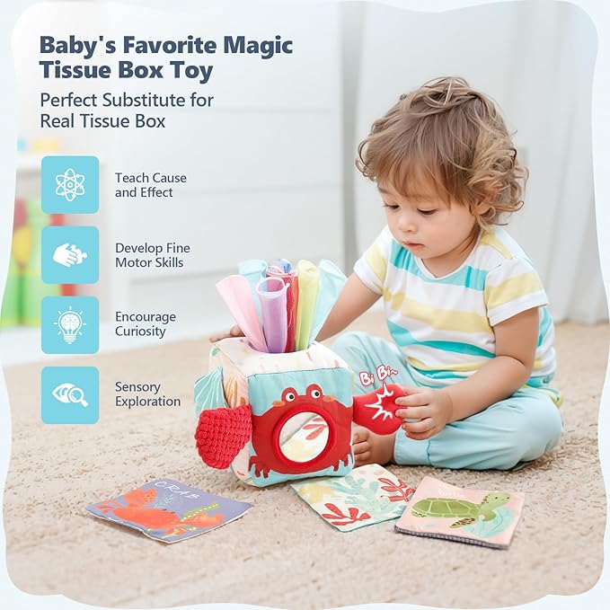 Baby Tissue Box Toy, Montessori Sensory Toys for 6-12 Months, 6 Month Old Baby Must Haves, with Crinkle Paper, Silk Scarves, Safety Mirror, Perfect Early Learning Gift