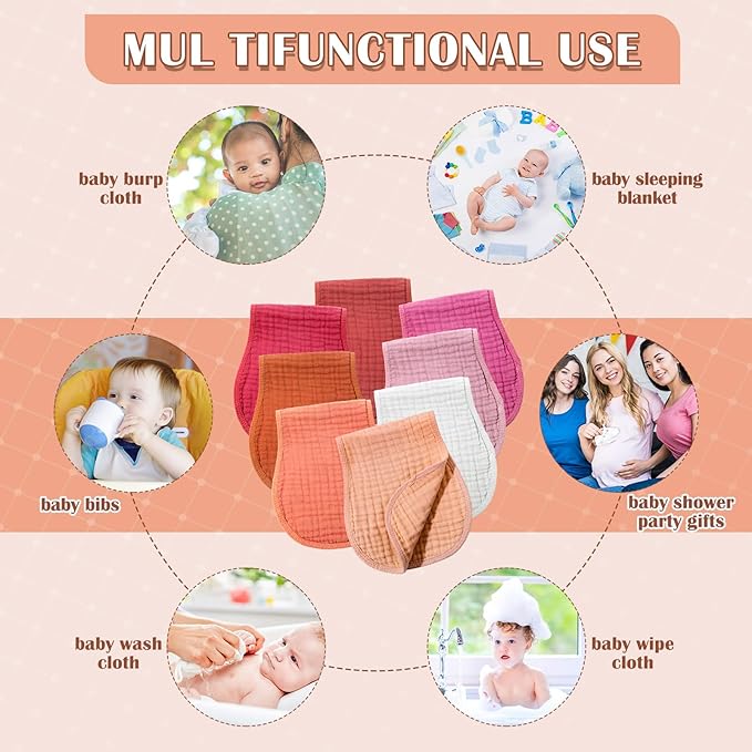 Frienda 8 Pieces Muslin Burp Cloths for Baby Cotton Burp Cloth 10 x 20 Inches Multi Colors Muslin Washcloths Diapers 4 Absorbent Layers Newborn Face Towels for Baby Boy Girl Unisex (Sweet Color)