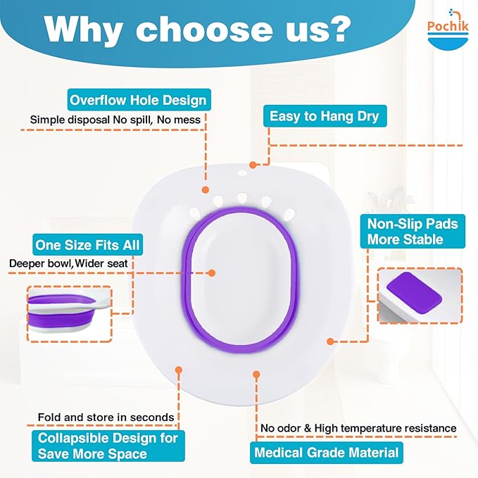 Pochik Sitz Bath for Toilet Seat, Sitz Baths for Hemorrhoids and Postpartum Care, Yoni Steam Seat, Collapsible Basin for Epsom Salt Soak, Sits Bath Kit for Women - Purple