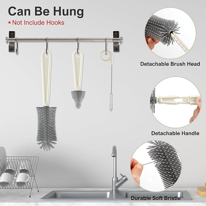 6 in 1 Baby Bottle Brush Set,Bottle Cleaner Brush Kit with Silicone Bottle Brush,Drying Rack,Nipple Brush,Straw Brush,Soap Dispenser&Storage Box,Portable Baby Essentials for Home&Travel (White)