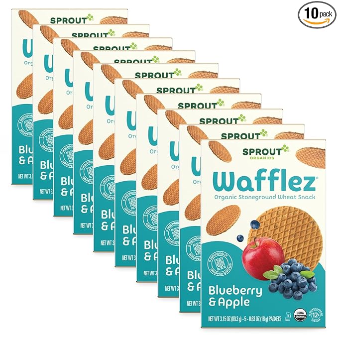 Sprout Organic Baby Food, Stage 4 Toddler Snacks, Blueberry Apple Wafflez, Single Serve Waffles 5 Count(Pack of 10)