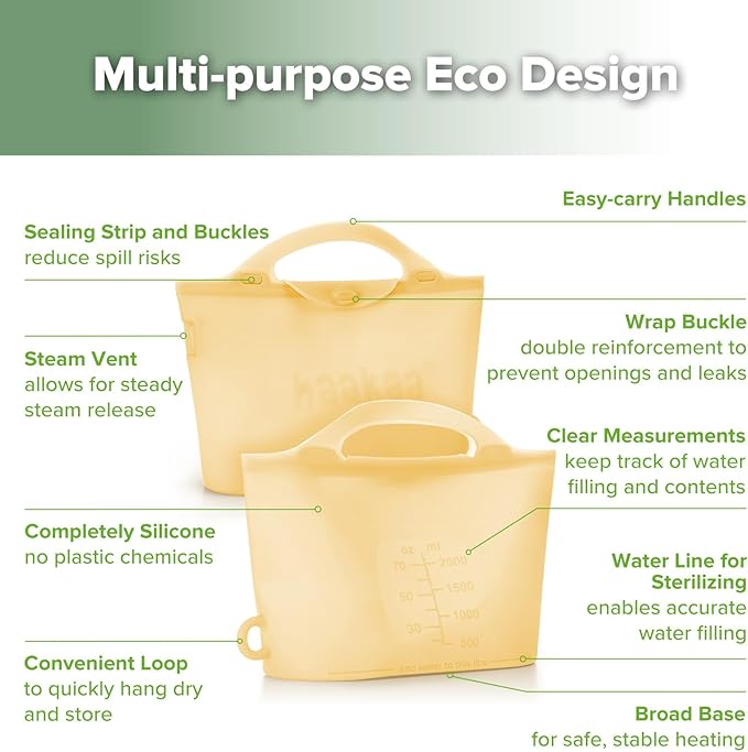 Haakaa Silicone Microwave Steamer & Steriliser Bag, 70oz/2000ml Large Capacity Reusable Steaming Bags for Baby Bottles,Breast Pump,Accessories,Pacifiers,Teethers, Great for Home&On The Go,Pinapple/1PC