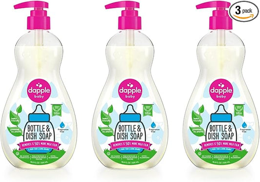 Dapple Baby Bottle Soap, Hypoallergenic Dish Soap for Baby Bottles, Powered by Plants, 1 Pump Included, Packaging May Vary, Fragrance Free, 16.9 Fl Oz (Pack of 3)