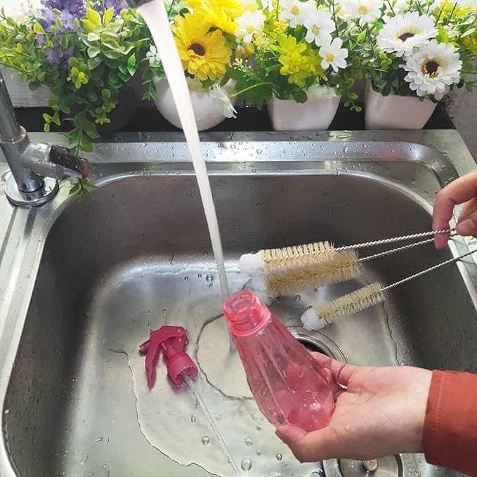 NewFerU Stainless Steel Soda Bottle Cleaning Brush Set in Natural Boar Bristle Wool Tip Long Handle, Flexible Bendable Thick Wire Cleaner for Narrow Neck Water Baby Bottles Straw Pipe Tube Flask (4)