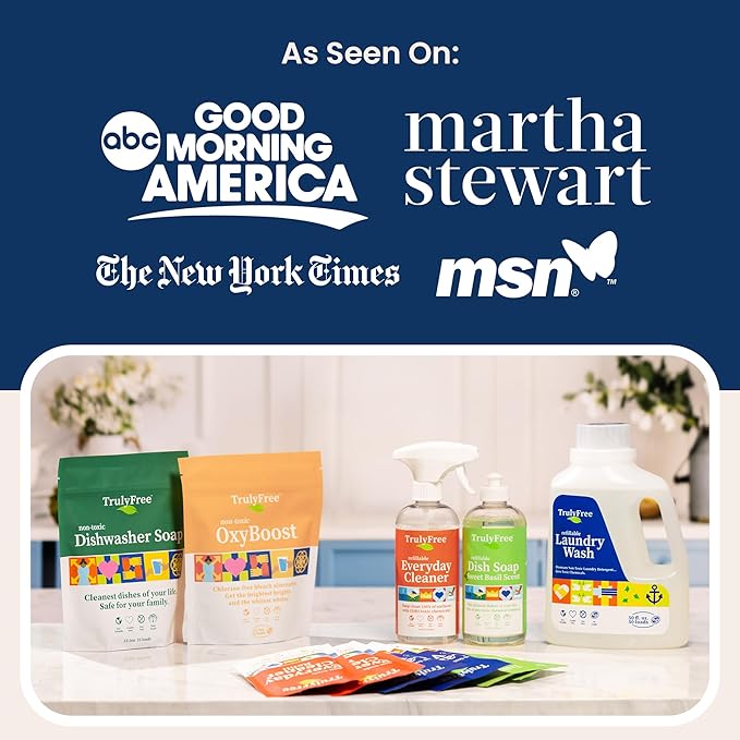 Truly Free Natural Laundry Detergent for Sensitive Skin | Eco Friendly, Plant Based, Baby Clothes Safe | Clean & Easy Powder to Liquid, 3 Pack Detergent + 1 Refillable Jug | Signature Scent 150 Loads