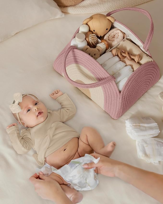 Blissful Diary Baby Diaper Caddy Organizer, Cotton Rope Diaper Caddy Basket, Large Storage Basket for Newborn Boys and Girls, Gift for Baby Shower List, Newborn Essentials, Blush Rainbow