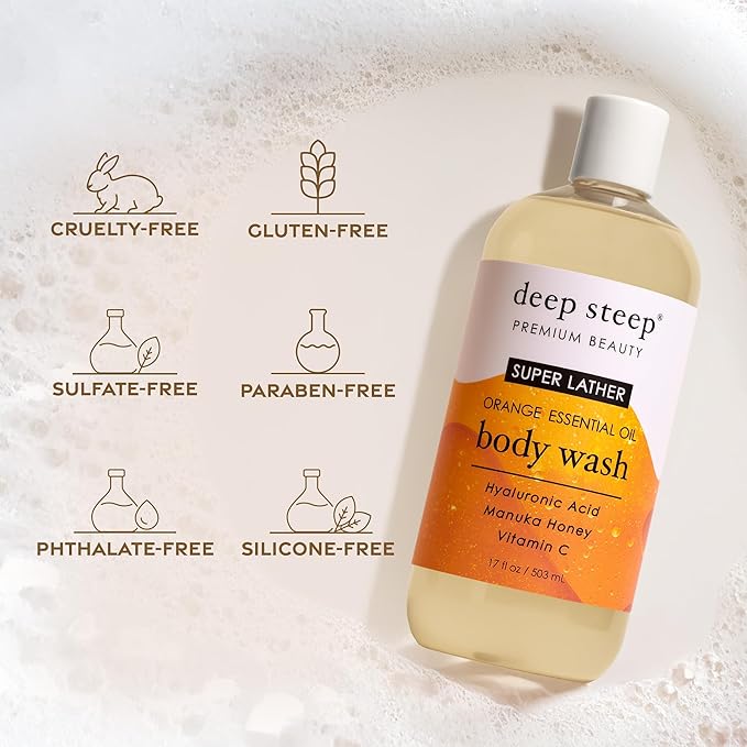 Deep Steep Super Lather Body Wash, Orange, 17 oz – Hydrating Shower Gel with Hyaluronic Acid, Manuka Honey, & Orange Essential Oil – Vegan, Clean Beauty, Clean & Refreshed Skin