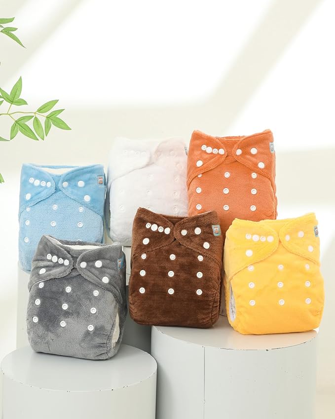 ALVABABY 6 Pack Baby Cloth Diapers Warm for Autumn and Winter with 6pcs 4-Layers Rayon from Bamboo Inserts,Cloth Diaper Covers Adjustable Washable Reusable for Baby Girls and Boys 6BMR01