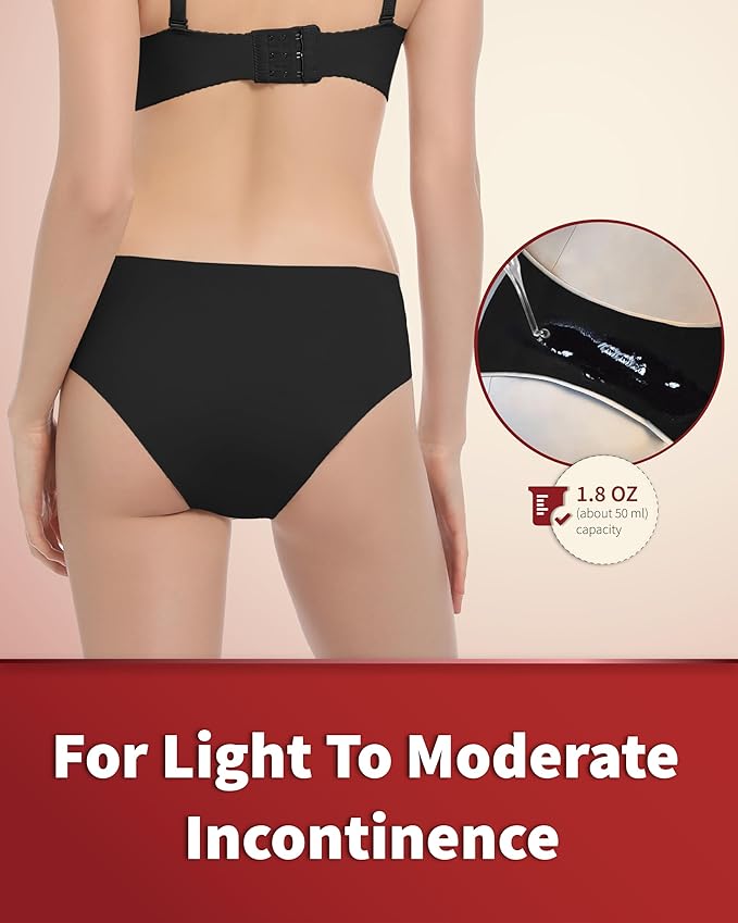 Washable Incontinence Underwear for Women, 1.8 oz Absorbency Leak Proof Seamless Mid Rise Briefs for Postpartum 3 Pack (Black, 2XL)