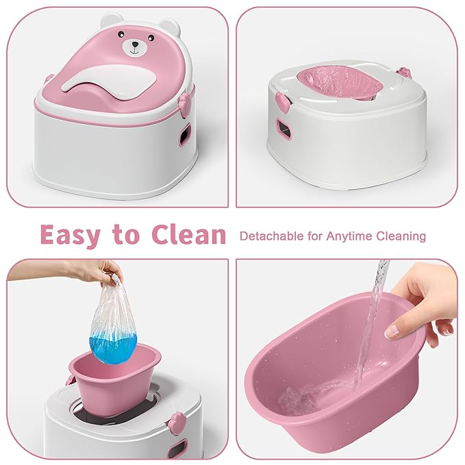 3-in-1 Potty Training Toilet, Portable Potty, Potty Training Seat and Toddler Step Stool, Easy Setup and Clean, Anti-Slip Toddler Potty Trainer for Boy Girl,Pink