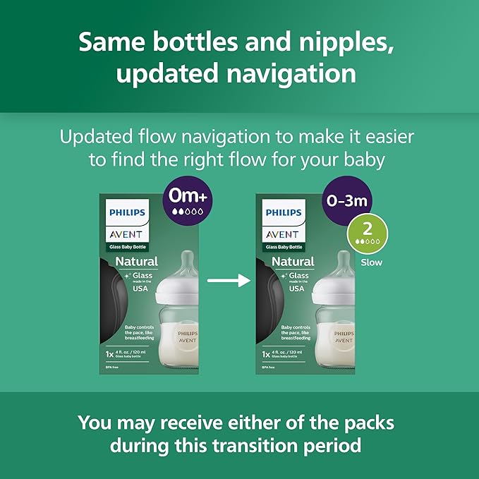 Philips Avent Natural Glass Baby Bottles with Natural Response Nipples (Slow Flow, Flow 2), 4oz, 4-Pack, SCY910/04