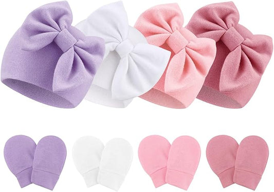 Newborn Baby Hats and Mittens Set Infant Bow Beanie Cap Toddler Gloves Newborn Hospital Hats for Baby Boy Girl 0-6 Months